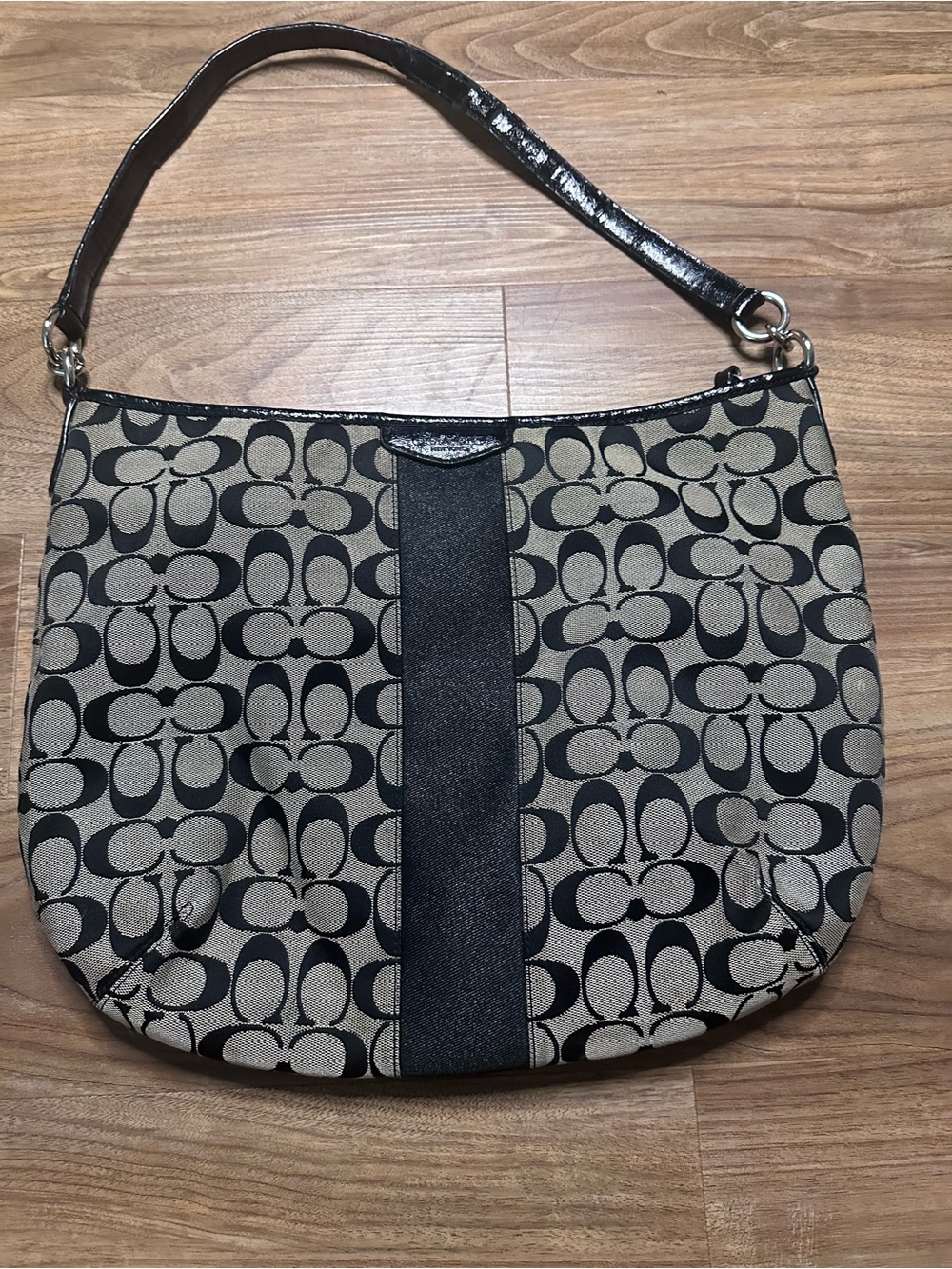 Coach Shoulder Bag in Khaki and Black Signature Canvas